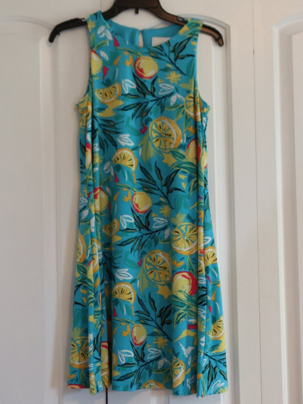 Pappagallo Sleeveless Turquoise A Line Dress Lemon and Leaf Print Lined Sz XS